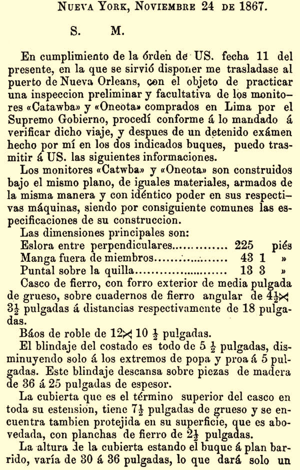 Documento histórico sobre la justificación de la compra de los monitores Oneoto y Catawba, página 1