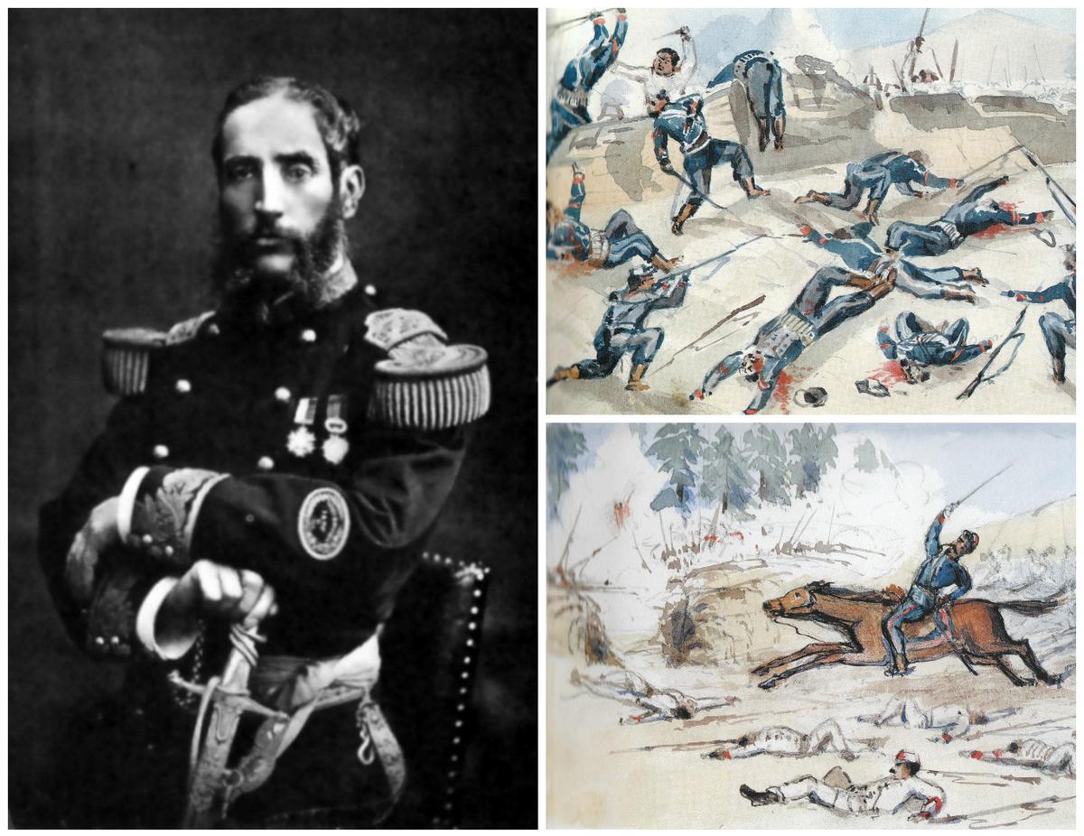 Ilustración de la Batalla de San Juan y Chorrillos del 13 de enero de 1881, mostrando la defensa peruana liderada por Andrés Avelino Cáceres