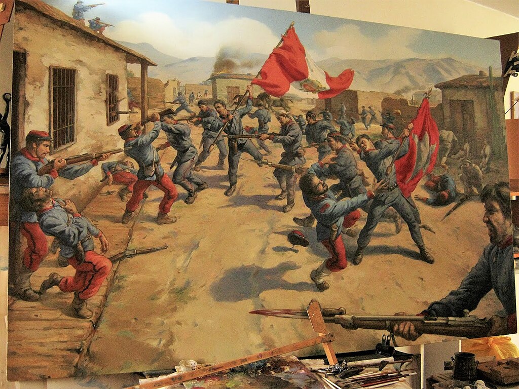 Ilustración de Mariano Santos capturando la bandera chilena del 2° de línea durante la batalla de Tarapacá