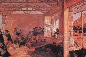 Ilustración del Combate de Sángrar, enfrentamiento armado entre fuerzas chilenas y peruanas en la hacienda de Sángrar el 26 de junio de 1881 durante la Guerra del Pacífico