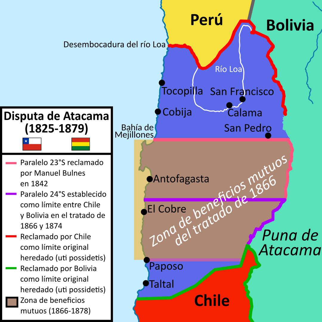 Mapa del desierto de Atacama mostrando la disputa limítrofe entre Bolivia y Chile antes de la Guerra del Pacífico