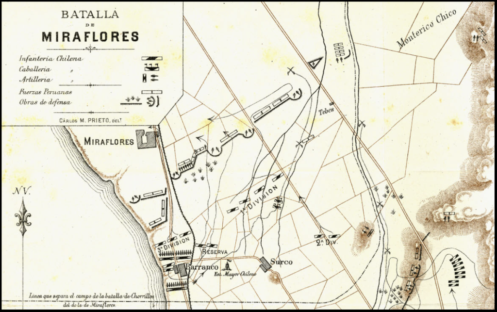 Plano de la batalla de Miraflores mostrando la disposición de los reductos y posiciones defensivas
