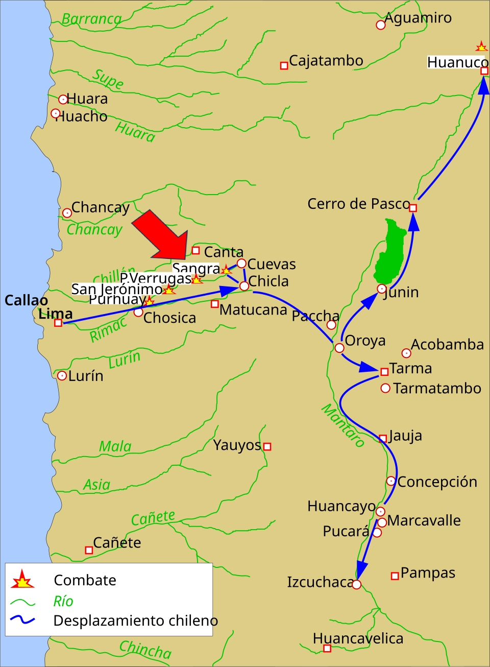 Mapa del Combate de Sángrar mostrando la ubicación de la hacienda, las posiciones de las fuerzas chilenas y peruanas, y la ruta de la expedición Letelier durante la Campaña de la Sierra en 1881