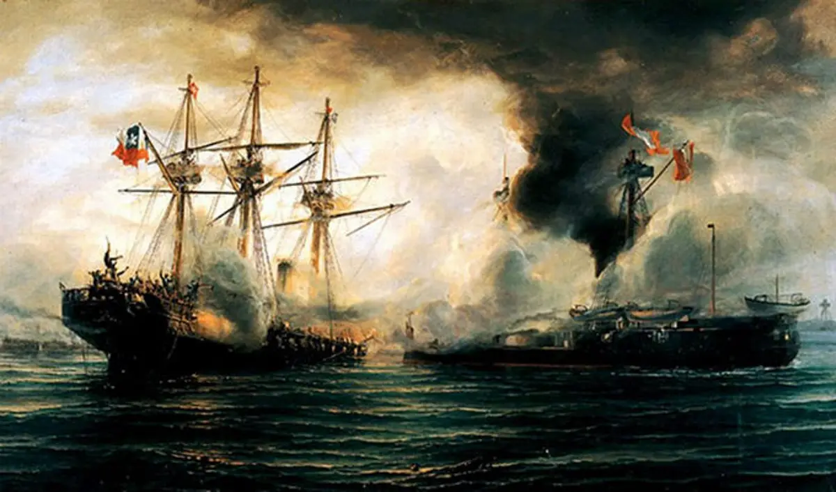 El Huáscar en batalla naval durante la Guerra del Pacífico