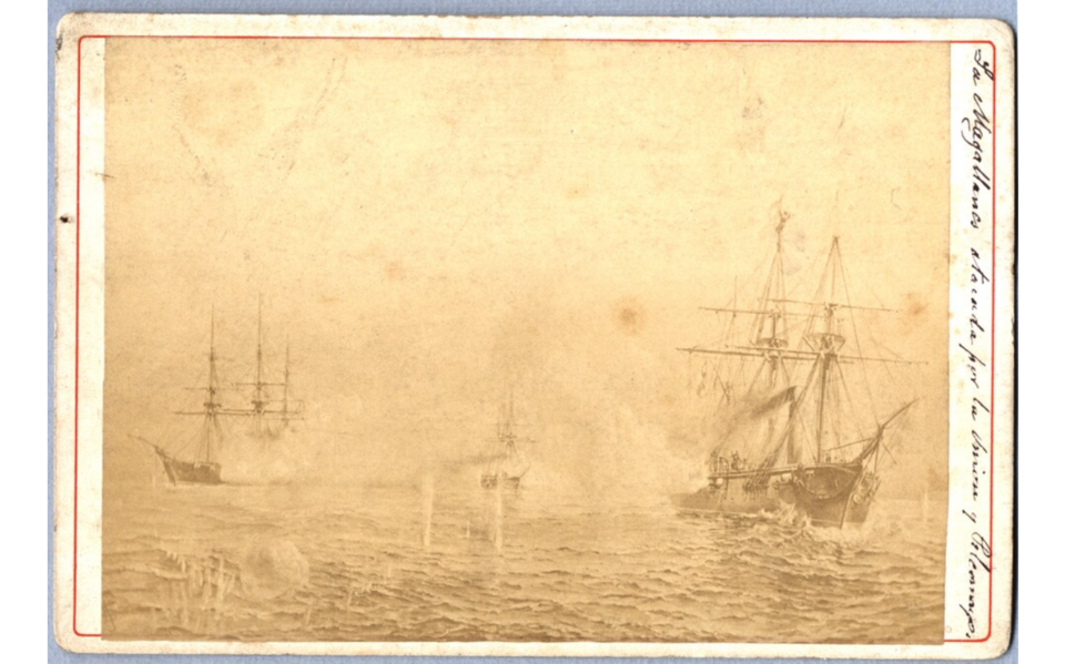 Combate naval de Chipana: la cañonera Magallanes siendo atacada por la corbeta Unión y la cañonera Pilcomayo